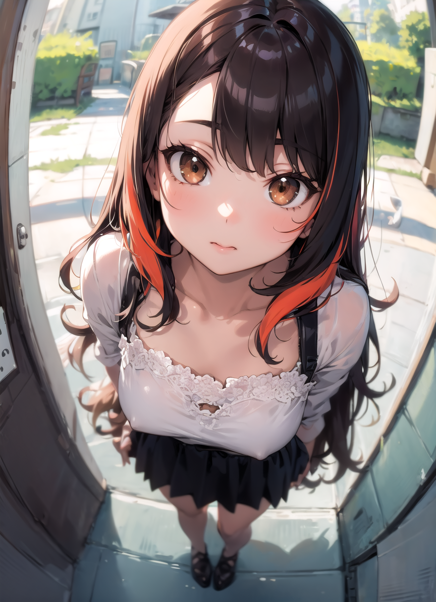 12420-3883122653-masterpiece, best quality, multicolored hair, from above, solo, 1girl, standing, depth of field, fisheye lens, outdoors, hallway.png